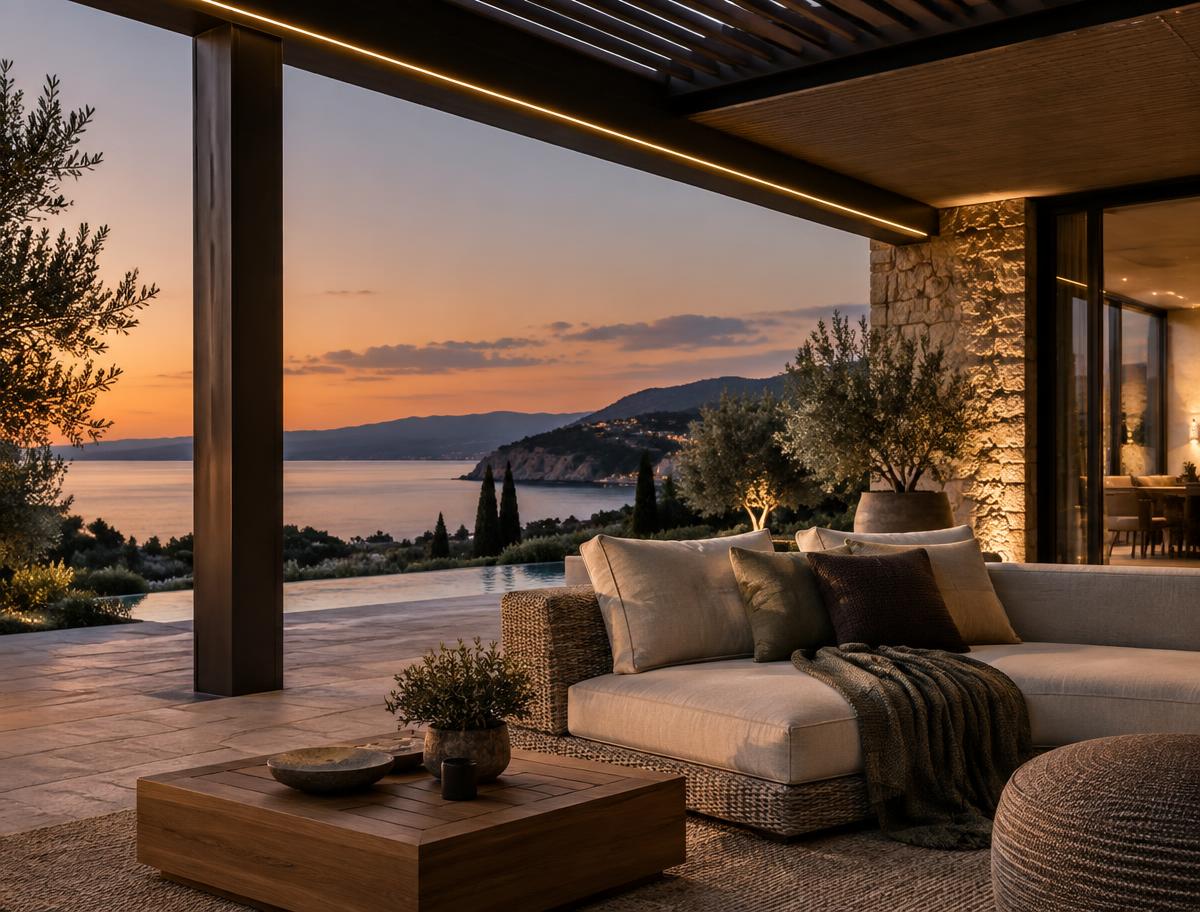 Dettaglio di uno spazio outdoor ALLEGRA illuminato al tramonto