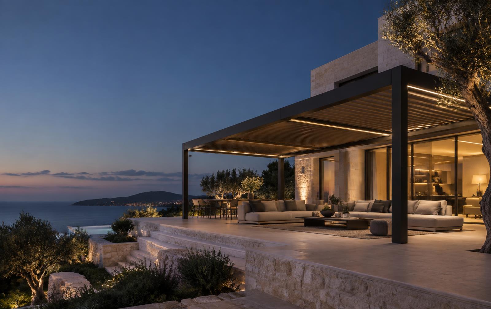 Pergola bioclimatica ALLEGRA su una terrazza affacciata sul mare al crepuscolo